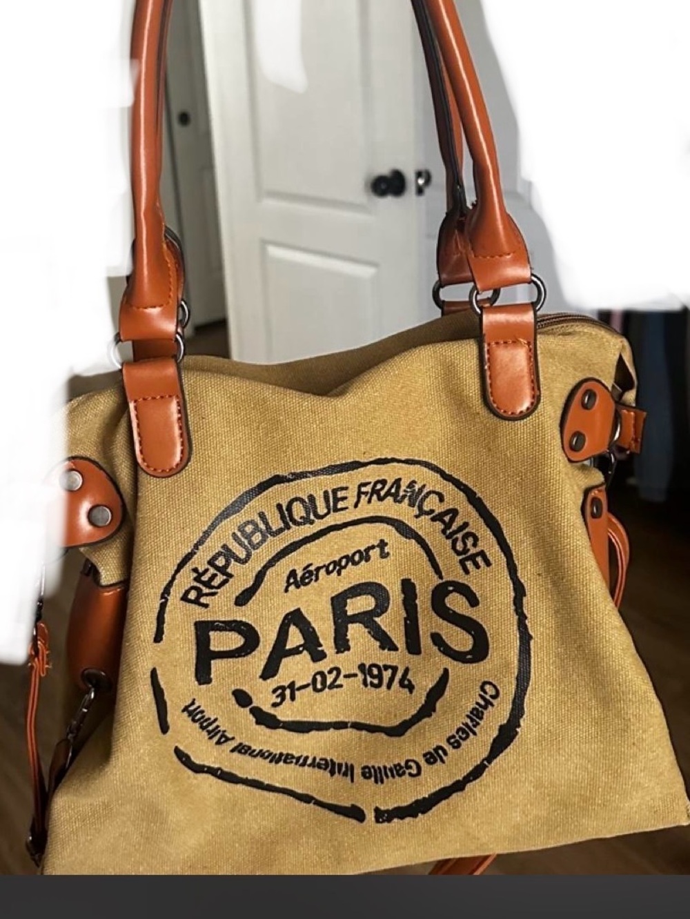 Charles de Gaulle Aeroport en Paris Stamp Canvas Tote with Tan Leather Trim